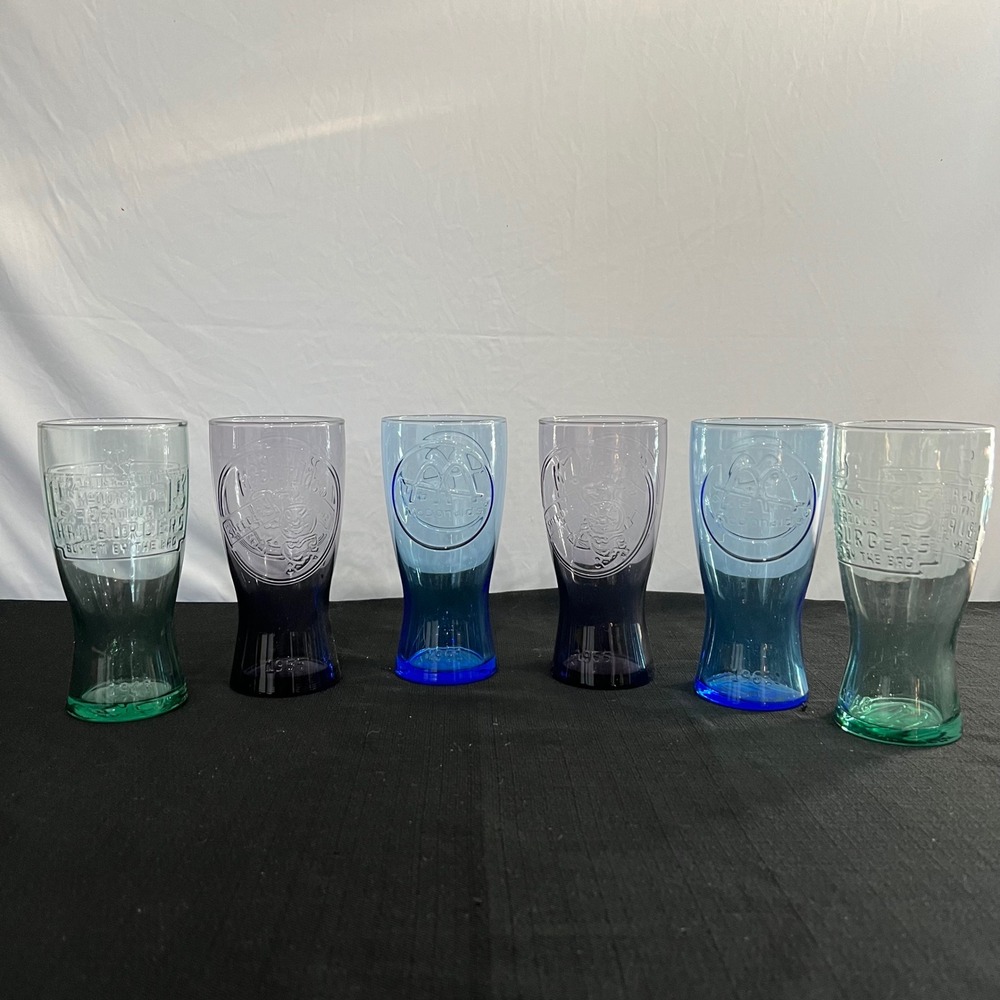 McDonalds Glass Tumbler Set 6 Embossed Speedee Mascot Blue Purple Teal Ombre